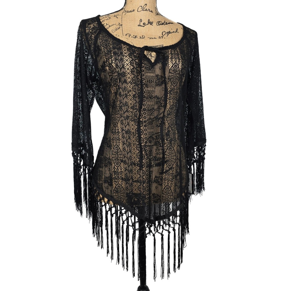 Heartsoul Xchange Black Lace Fringe Top Long Sleeve Boho Keyhole  Large NWT